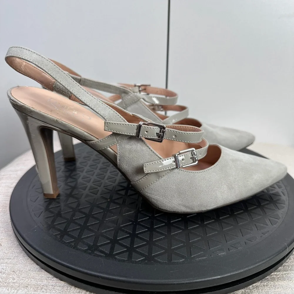 Franco Sarto Gray Suede Slingback Heels with Patent Accents Buckle Straps Sz 10M